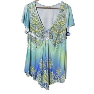 Fairy World‎ Unity Short Sleeve V Neck Stretch Blouse Top Artsy Boho 2X Y2K Aqua